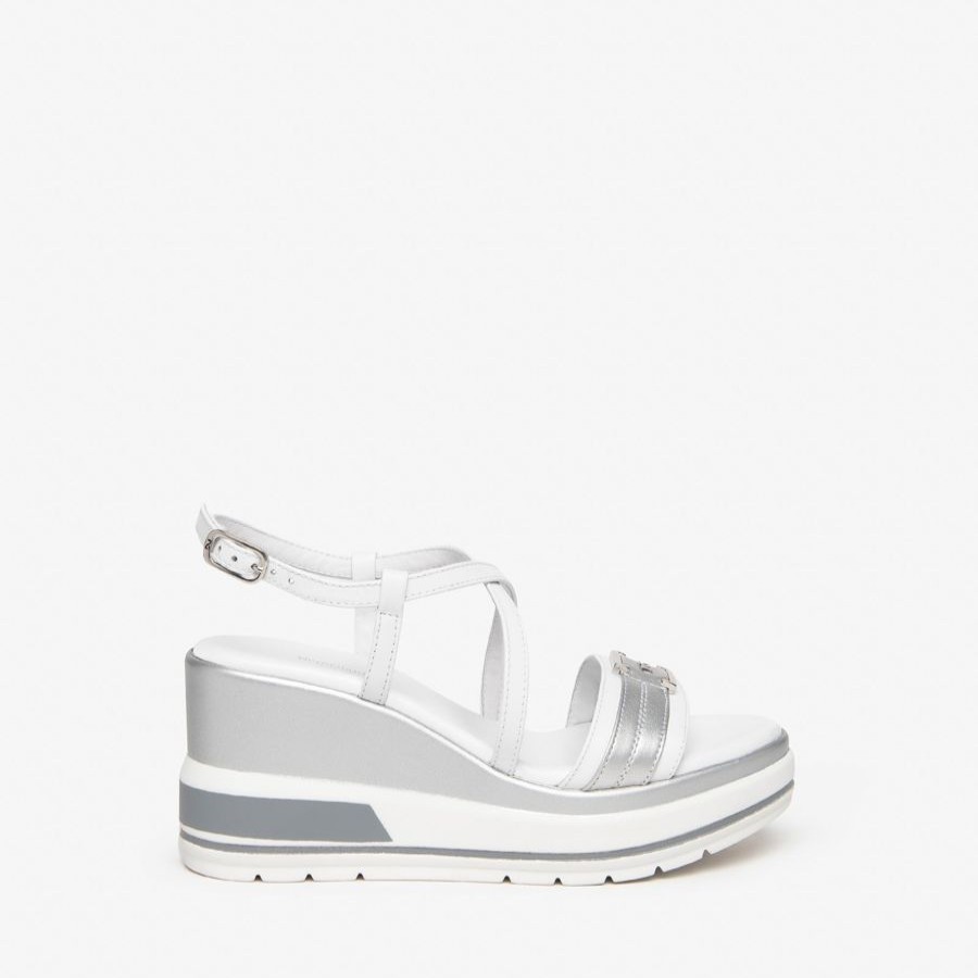 Wedges | NeroGiardini Nerogiardini White And Silver Platform Sandal