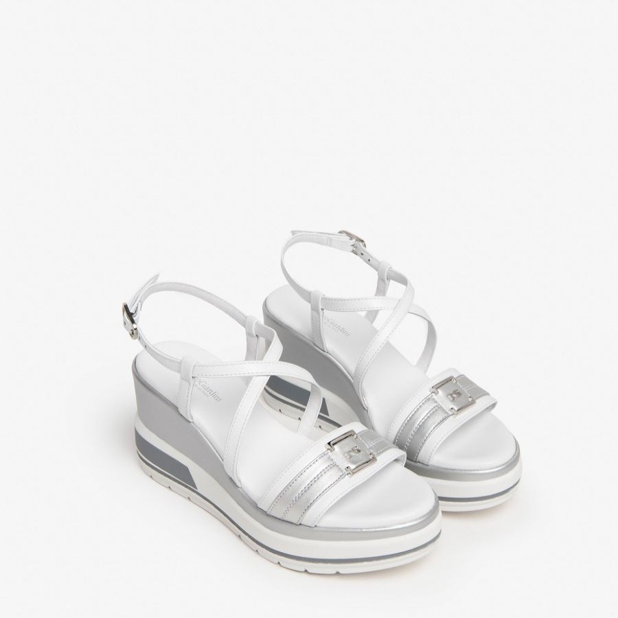 Wedges | NeroGiardini Nerogiardini White And Silver Platform Sandal