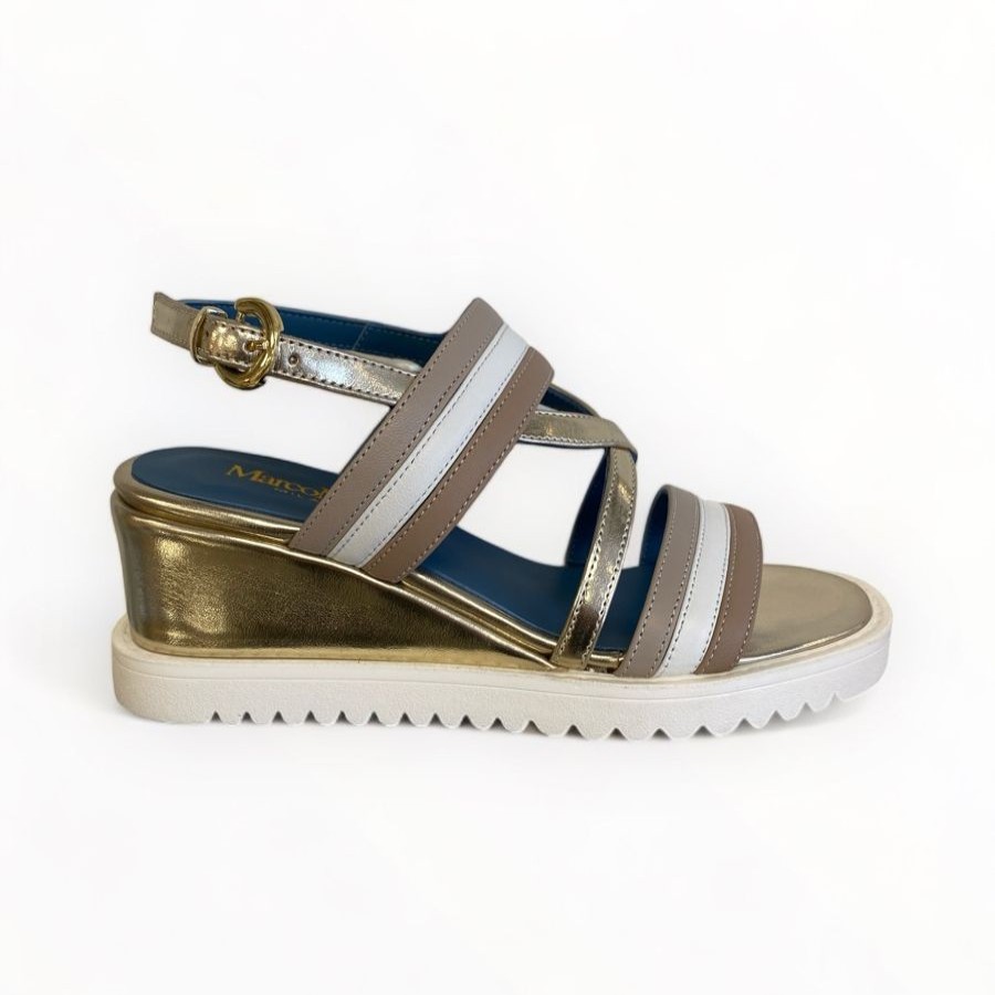 Wedges | Marco Moreo Marco Moreo White/Taupe & Gold Wedge Sandal