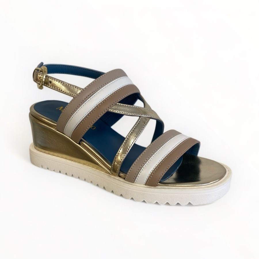 Wedges | Marco Moreo Marco Moreo White/Taupe & Gold Wedge Sandal