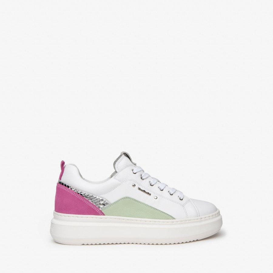 Trainers | NeroGiardini Nerogiardini White/Pink & Green Trainer White With Pink And Green Trim