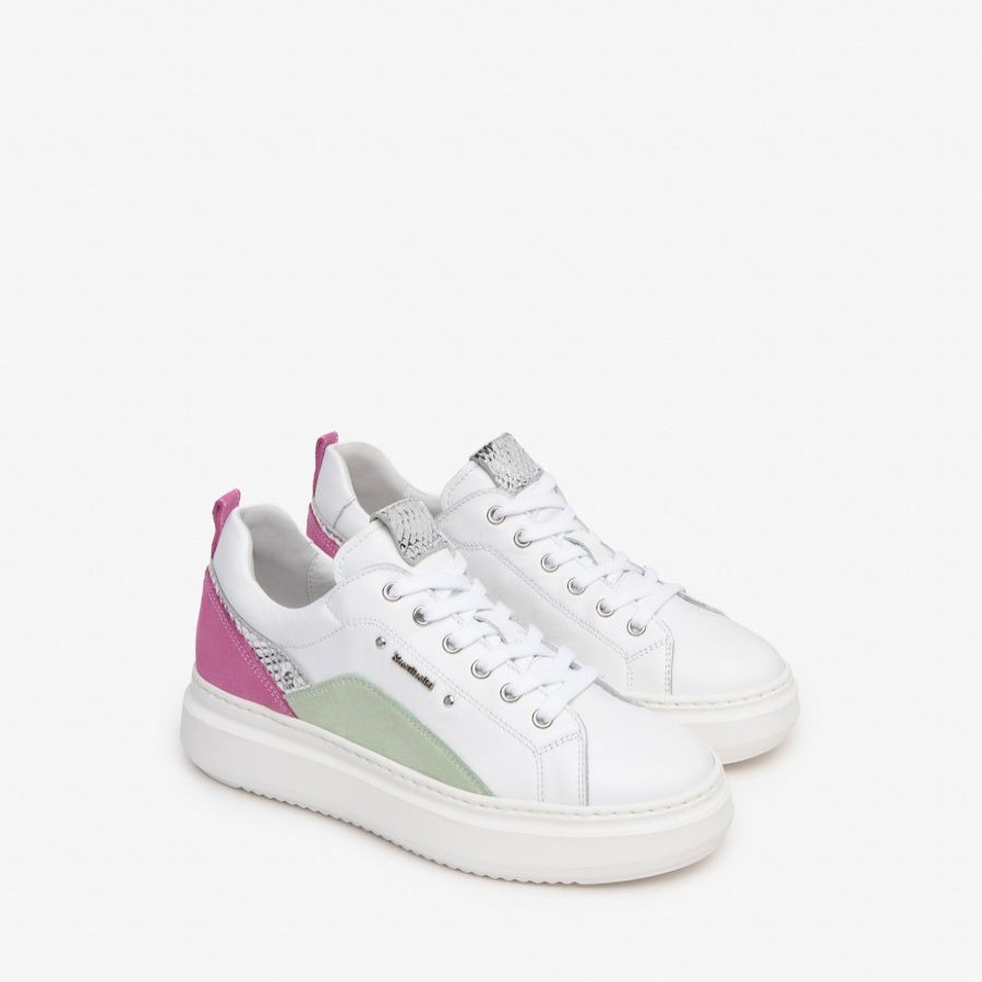 Trainers | NeroGiardini Nerogiardini White/Pink & Green Trainer White With Pink And Green Trim