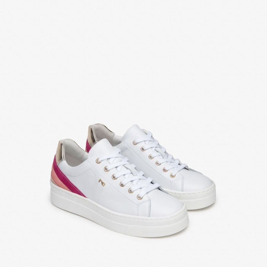 Trainers | NeroGiardini Nerogiardini White Trainer With Gold And Pink Trim